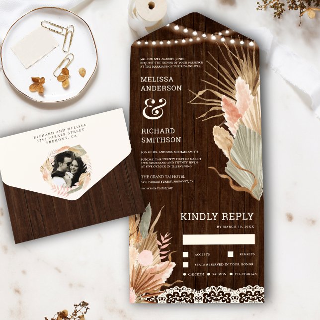 Rustic Wood Lace Boho Dried Palm Pampas Wedding All In One Invitation (Creator Uploaded)