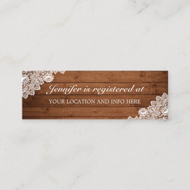 Rustic Wood Lace Bridal Shower Registry Enclosure Mini Business Card (Front)