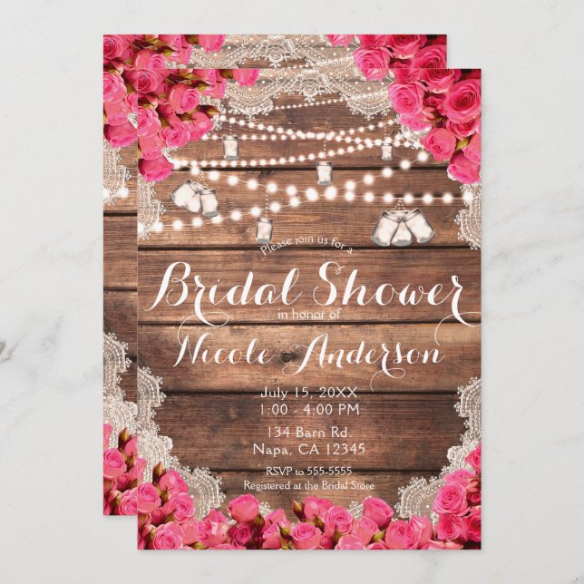 Rustic Wood Lace Bright Pink Roses Bridal Shower Invitation (Front/Back)