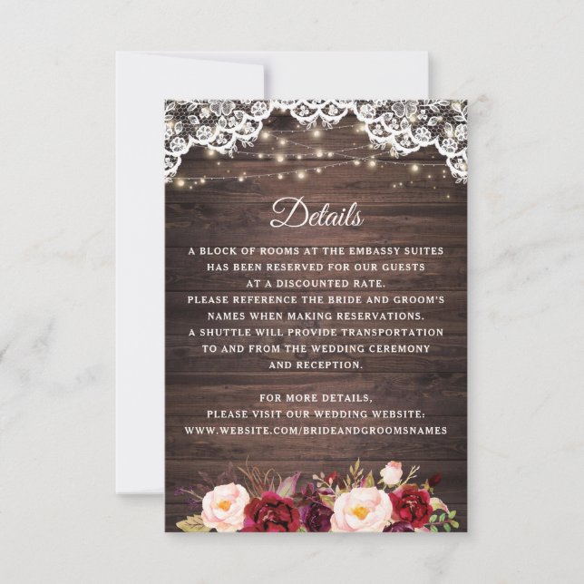 Rustic Wood Lace Burgundy Blush Wedding Details Invitation (Front)