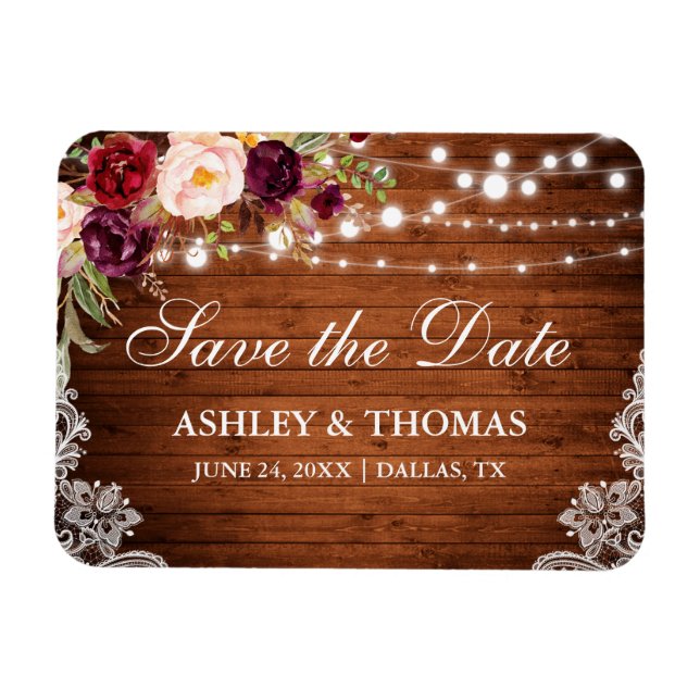 Rustic Wood Lace Burgundy Floral Save the Date Magnet (Horizontal)