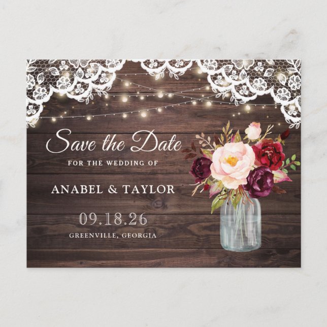Rustic Wood Lace Burgundy Mason Jar Save the Date Announcement Postcard (Front)