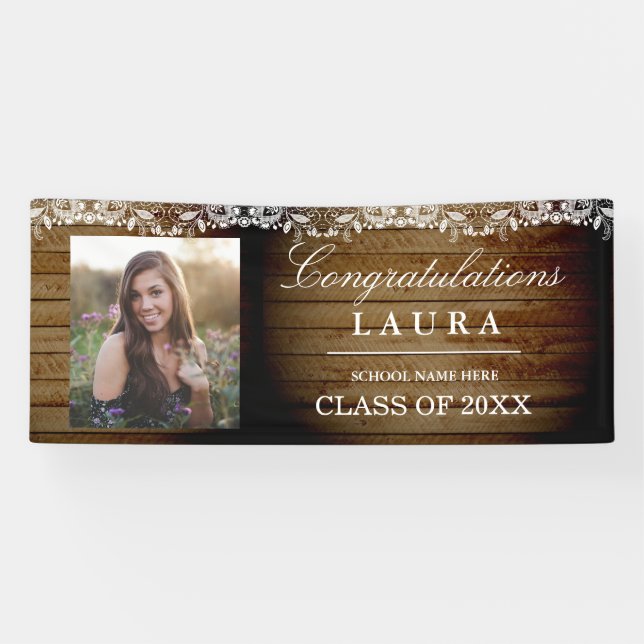 Rustic Wood Lace Congrats Graduation Photo Banner (Horizontal)