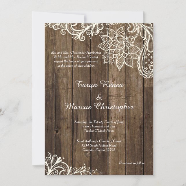 Rustic Wood Lace Country 5x7 Wedding Invitation (Front)