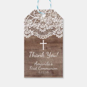 Rustic Wood Lace First Communion Gift Tag