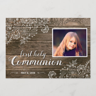 Rustic Wood Lace First Communion Photo Invitation