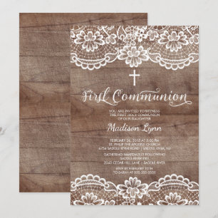 Rustic Wood Lace First Holy Communion Invitation