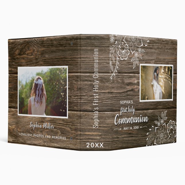 Rustic Wood Lace First Holy Communion Photo Binder (Background)