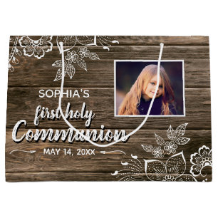 Rustic Wood Lace First Holy Communion Photo Large Gift Bag