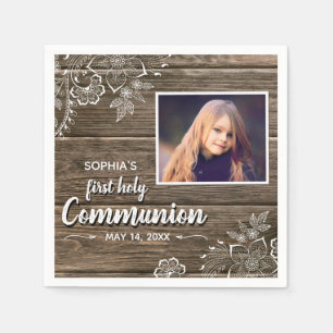 Rustic Wood Lace First Holy Communion Photo Napkin