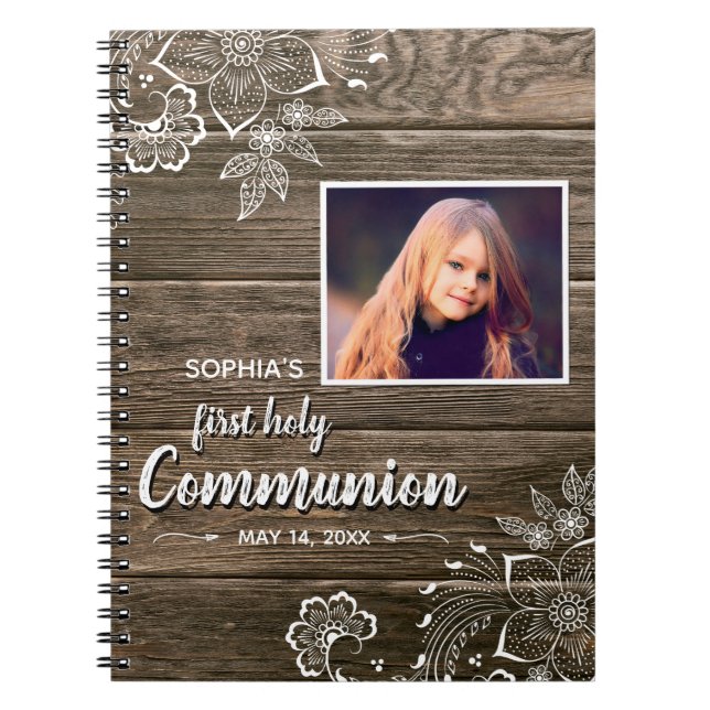 Rustic Wood Lace First Holy Communion Photo Notebook (Front)
