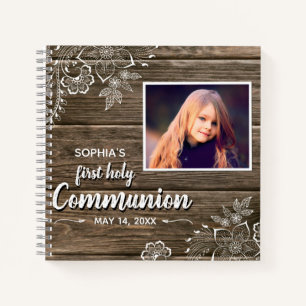 Rustic Wood Lace First Holy Communion Photo Notebook