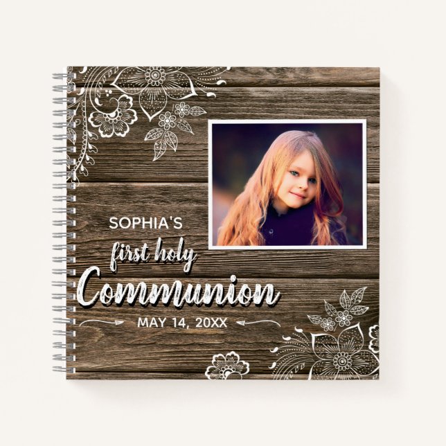 Rustic Wood Lace First Holy Communion Photo Notebook (Front)