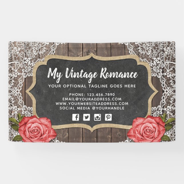 Rustic Wood & Lace Floral Chalkboard Country Chic Banner (Horizontal)