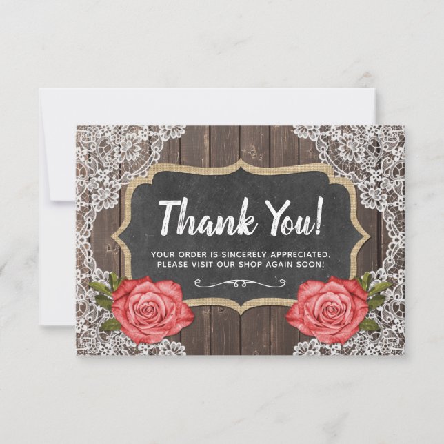 Rustic Wood & Lace Floral Chalkboard Thank You Card (Front)