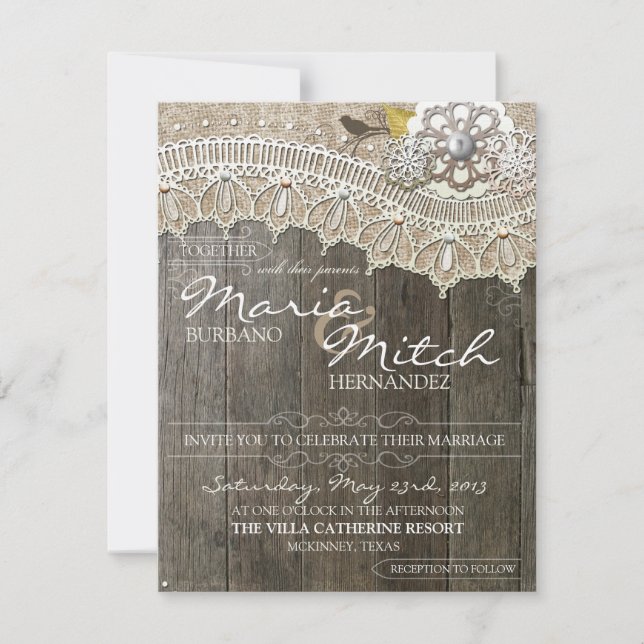 Rustic Wood & Lace Floral Wedding Invitation (Front)