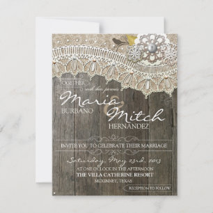 Rustic Wood & Lace Floral Wedding Invitation