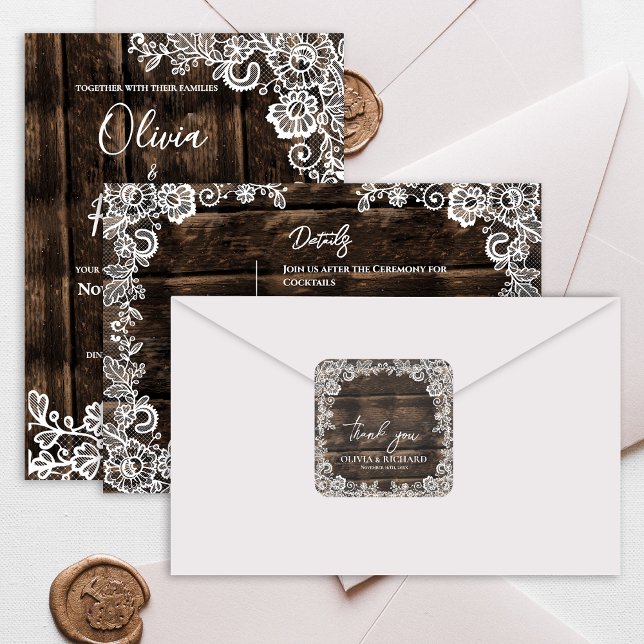 Rustic Wood Lace Floral Wedding Thank You Square Sticker (Rustic Wood Lace Floral Wedding Thank You Square Sticker)