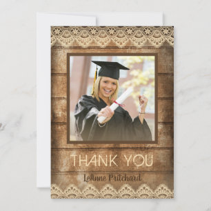 Rustic Wood Lace Graduation Photo Thank You Card