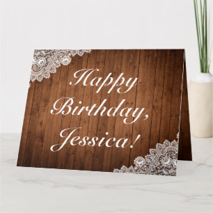 Rustic Wood & Lace Happy Birthday Folded Greeting Card