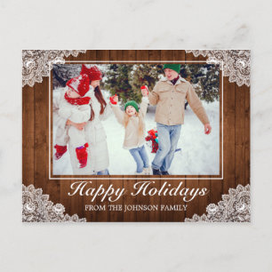 Rustic Wood & Lace Happy Holidays Greeting Photo Announcement Postcard