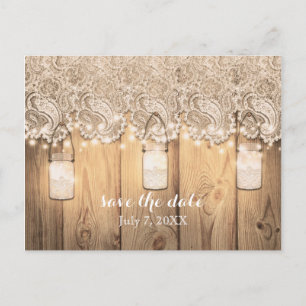 Rustic Wood Lace & Lighted Mason Jar Save The Date Announcement Postcard
