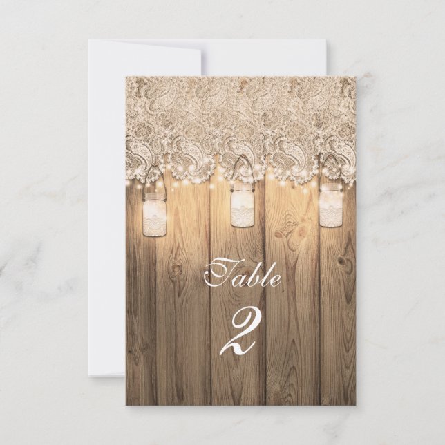 Rustic Wood Lace & Lighted Mason Jar Table Number (Front)