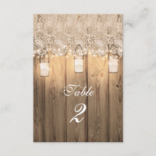 Rustic Wood Lace & Lighted Mason Jar Table Number