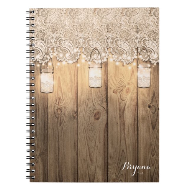 Rustic Wood Lace & Lighted Mason Jars Notebook (Front)