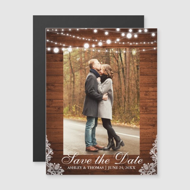 Rustic Wood Lace Lights Save the Date Engagement Magnetic Invitation (Front/Back)