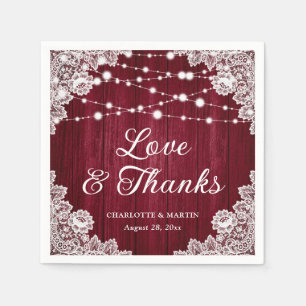 Rustic Wood Lace Love and Thanks Burgundy Wedding Napkin