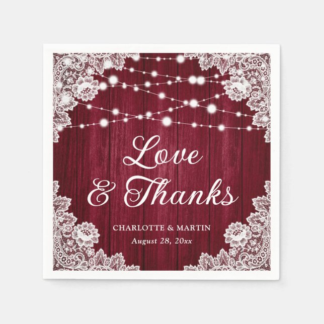 Rustic Wood Lace Love and Thanks Burgundy Wedding Napkin (Front)