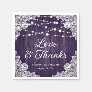 Rustic Wood Lace Love and Thanks Purple Wedding Napkin