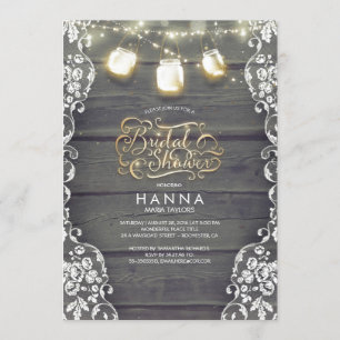 Rustic Wood Lace Mason Jar Lights Bridal Shower Invitation