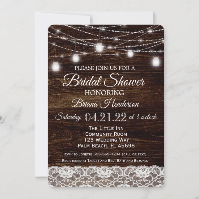 Rustic Wood & Lace Mason Jar Lights Bridal Shower Invitation (Front)