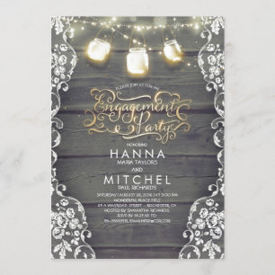 Rustic Wood Lace Mason Jar Lights Engagement Party Invitation