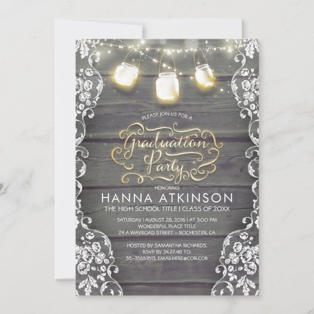 Rustic Wood Lace Mason Jar Lights Graduation Party Invitation (Front)