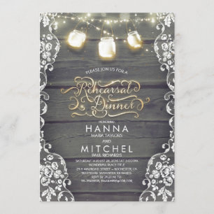 Rustic Wood Lace Mason Jar Lights Rehearsal Dinner Invitation