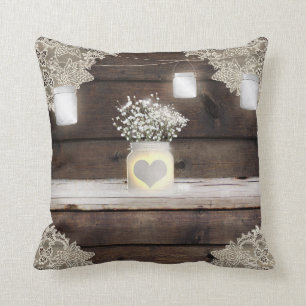 Rustic Wood, Lace & Mason Jars Barn Elegant Custom Throw Pillow