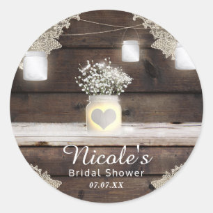 Rustic Wood, Lace & Mason Jars Barn Elegant Favour Classic Round Sticker
