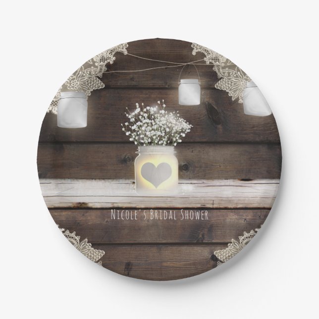 Rustic Wood, Lace & Mason Jars Barn Elegant Party Paper Plate (Front)