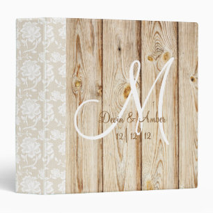 Rustic Wood & Lace monogrammed wedding planner Binder