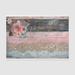 Rustic Wood, Lace, Pastel Flowers Decoupage Tissue Paper