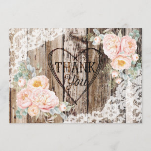 Rustic Wood Lace Peony Heart Etching Thank You Card