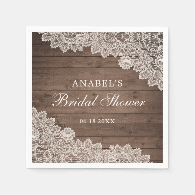 Rustic Wood Lace Personalized Bridal Shower Napkin (Front)