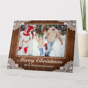 Rustic Wood & Lace Photo Merry Christmas Greeting Card
