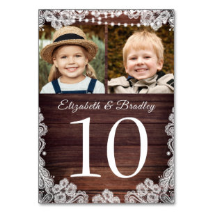 Rustic Wood Lace Photo Wedding Table Number Sign