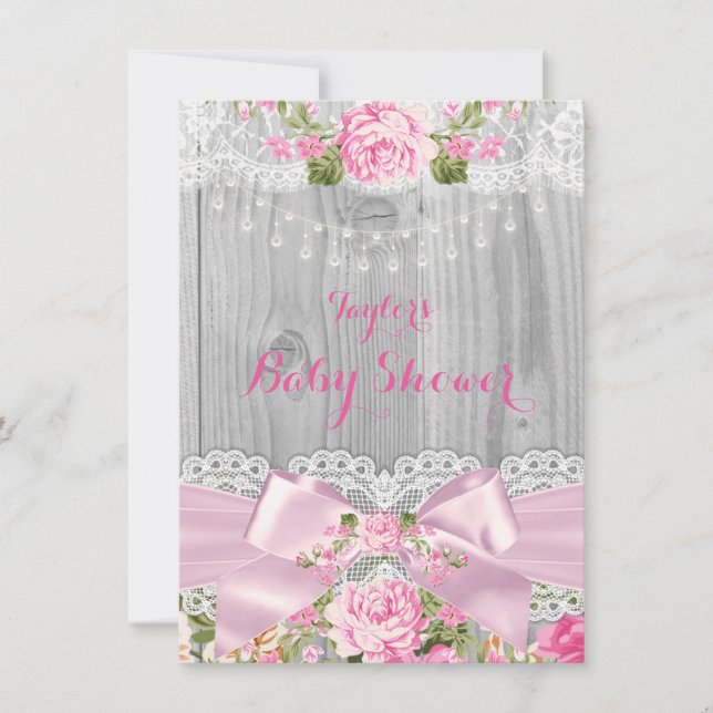 Rustic Wood Lace Pink Floral Baby Shower 2 Invitation (Front)
