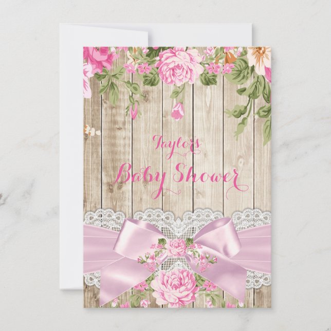 Rustic Wood Lace Pink Floral Baby Shower Invitation (Front)