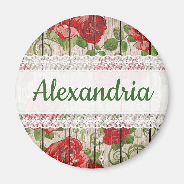 Rustic Wood Lace Roses Personalized Name Magnet (Front)